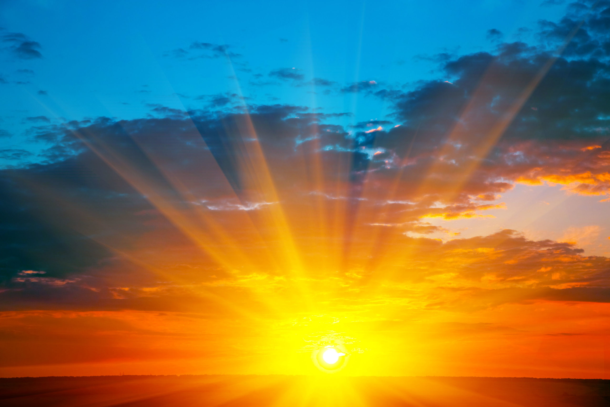 Beautiful blazing sunset landscape at over the meadow and orange sky ...